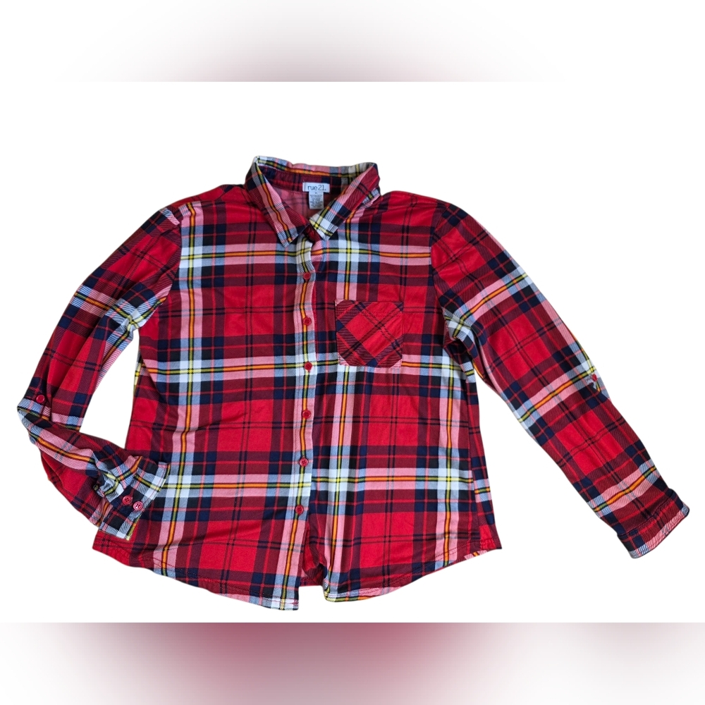 Rue21 Bright Red Plaid Flannel Button Down Shirt Size XL